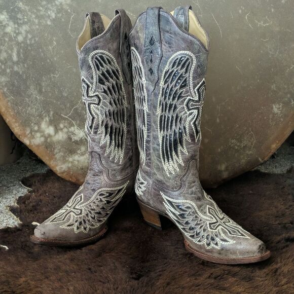 CORRAL A1241 distressed taupe/black winged cross black sequins cowgirl boots 7.5 - Picture 10 of 16